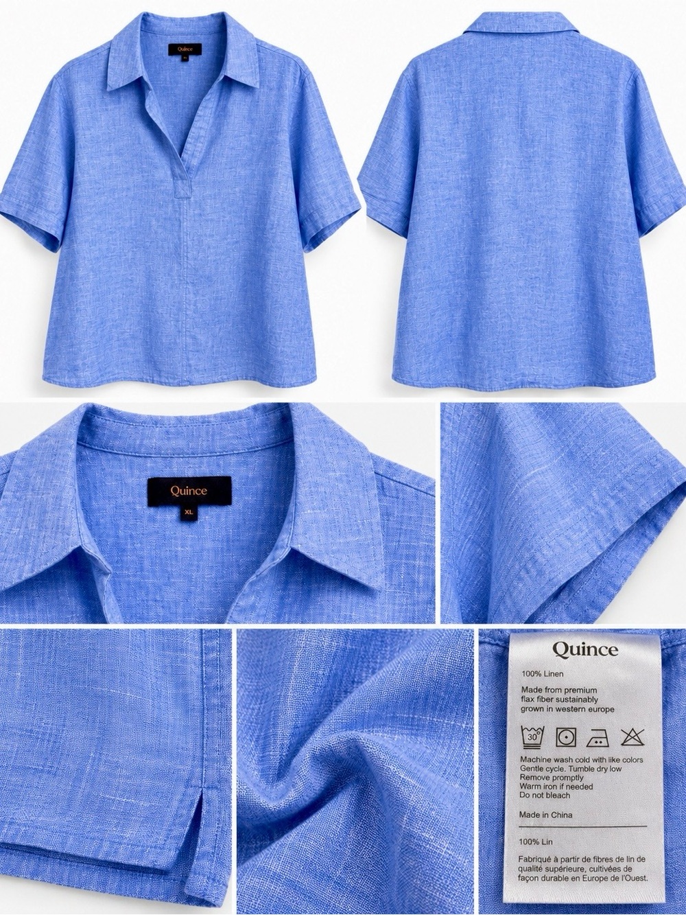 Quince Women's Light Blue Linen Short-Sleeve Camp Blouse